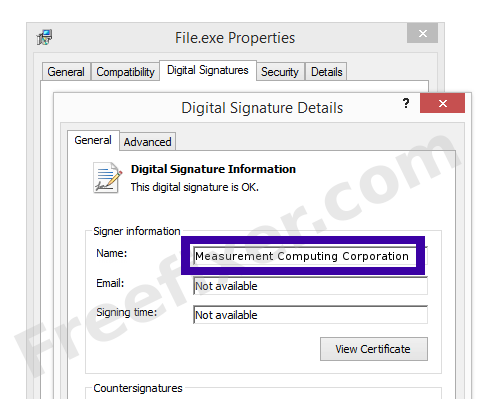 Screenshot of the Measurement Computing Corporation certificate